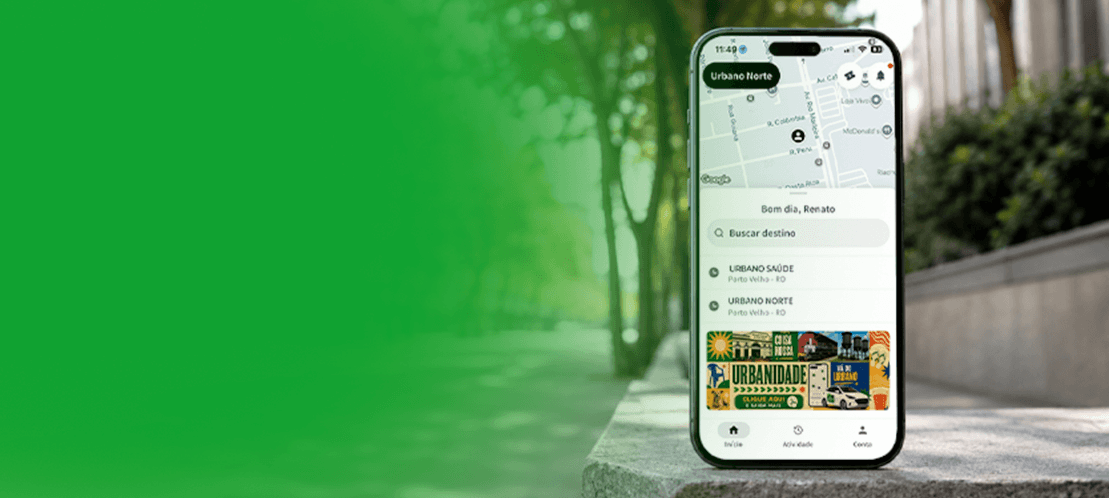 Smartphone com o app Urbano Norte aberto mostrando mapa e busca de destino