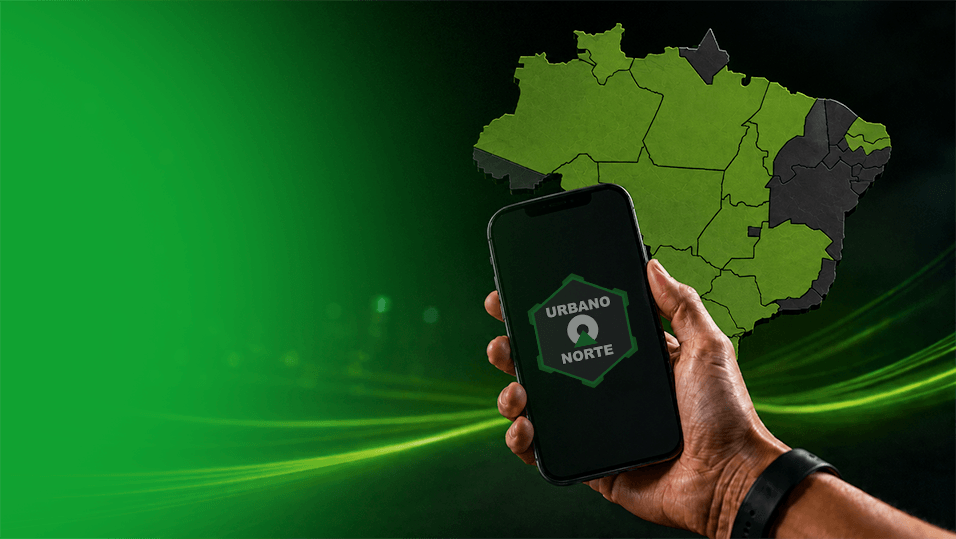 Mapa do Brasil e celular com a marca Urbano Norte para licenciados